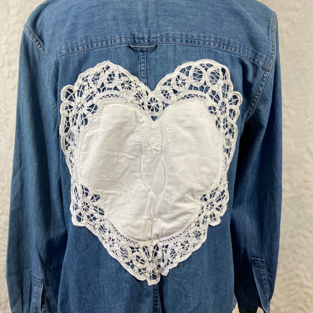 Denim Upcycled Redesigned Lace Heart Recycled button up western shirt - Picture 7 of 12